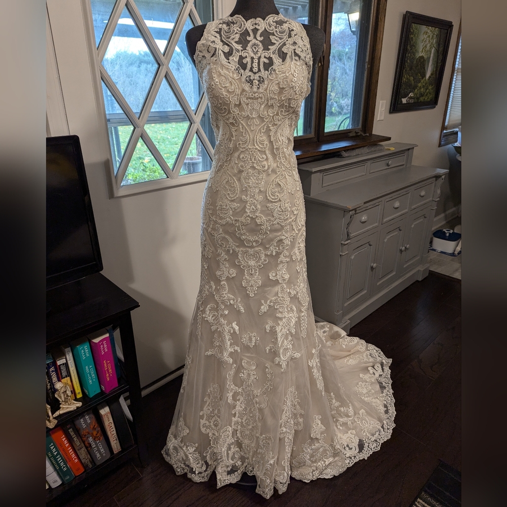 Ella Rosa BE402 Oyster/Ivory 18 High Neck Lace Fit and Flare Wedding Dress